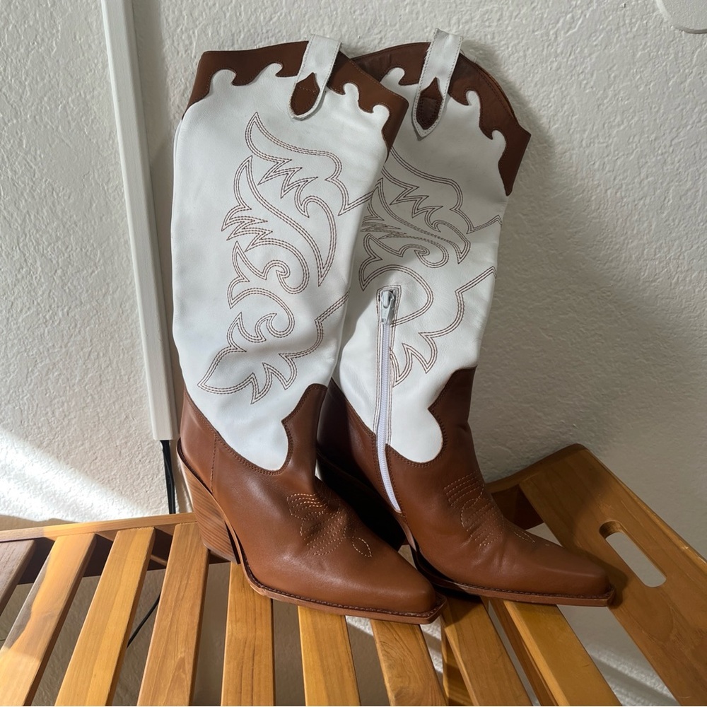 L'INTERVALLE Leather Women Boots Made in Spain Brown/White Cowboy Western Sz 7.5